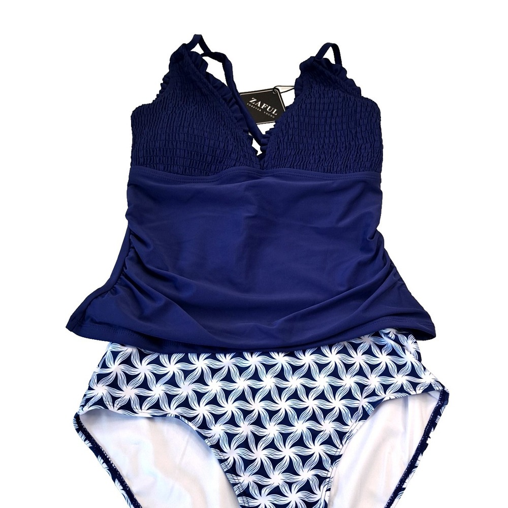 NEW ZAFUL Two Piece Tankini Swimsuit Womens M High RIse Tummy Control NWT Blue